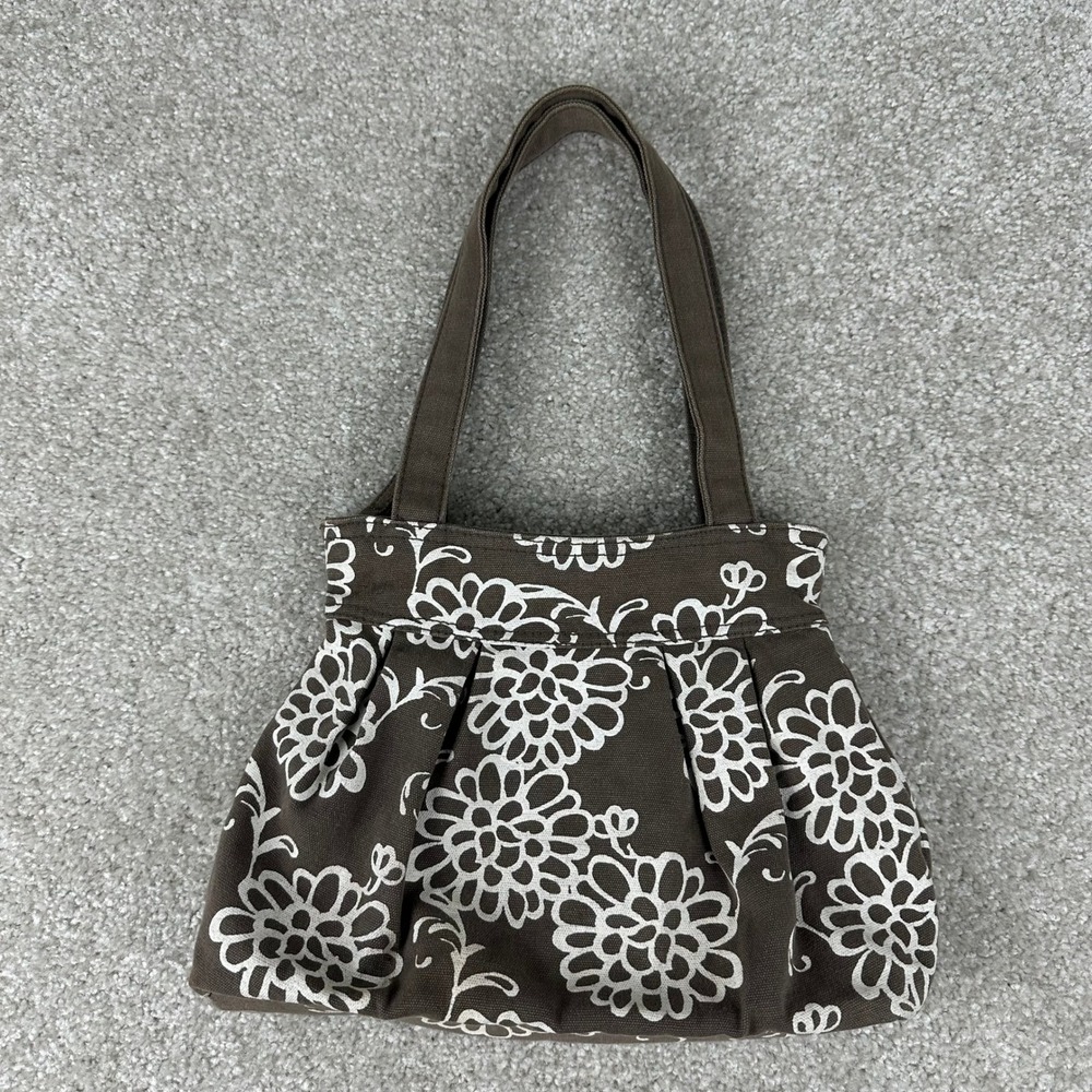 Aeropostale Brown Floral Canvas Shoulder Bag Pleated Y2K Tote Zipper Closure